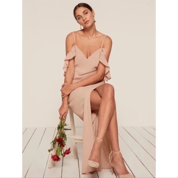 Reformation Ferrara Champagne Ruffle-Trimmed Crepe Maxi Dress Size 4 - Picture 3 of 15